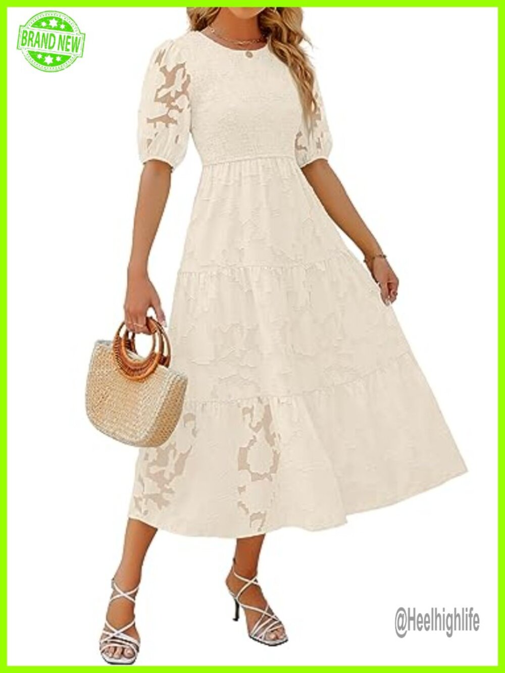 Floral Lace Maxi Dress Puff Sleeve Smocked A-Line Casual Wedding Guest